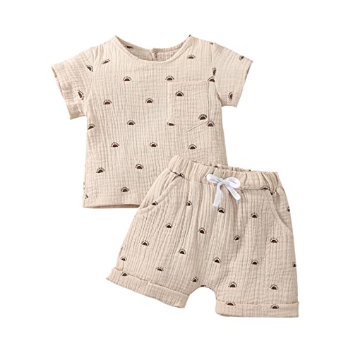 Image of fhutpw Baby Boys 2Pcs Summer Outfits Short Sleeve T-Shirt Tops Elastic Waistband Shorts Set Toddler Clothes (Linen Sunrise Apricot, 0-6 Months)