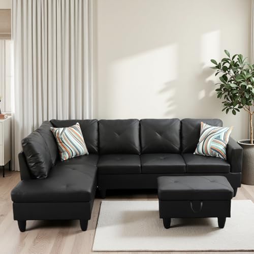 Trygoal L Shaped Couches for Living Room, Leather Sectional Couch Living Room Furniture with Storage Ottoman, Modular Sectional Sofa with Movable Chaise for Apartment Office, Black
