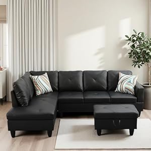 L Shaped Couches for Living Room, Leather Sectional Couch Living Room Furniture with Storage Ottoman, Modular Sectional Sofa with Movable Chaise for Apartment Office, Black