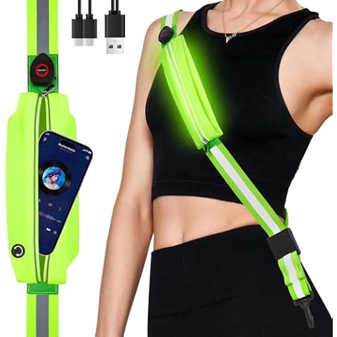 Fitense LED Reflective Belt Sash with Phone Holder, High Visibility Reflective Running Gear Rechargeable Light Up Safety Lights for Walkers for Runners Men Women Cover