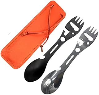 YiYFiT Camping Spork Stainless Steel Flatware Camping Cutlery Hiking Gadget,2pcs 10-in-1 Fork Spoon Knife Bottle&Can Opener Serrated Wrenches Direction Indicator Perfect For Outdoor Camping,Eco Gift