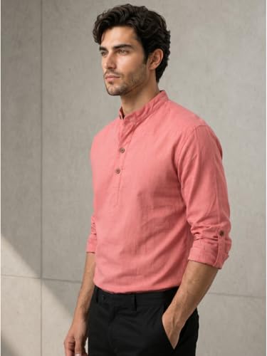 Image of Zombom Men's Solid Cotton Polyester Blend Casual Regular Fit Mandarin /Chinese Collor Full Sleeve Kurta Shirt for Men