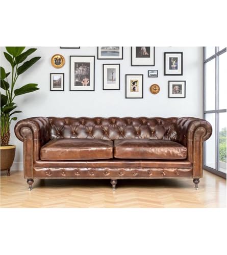 Stanfield Lancelot Canapé Chesterfield en Cuir, 3 Places, Marron Vintage, Capitonné, Profondeur 93 cm, Hauteur 78 cm, Longueur 222 cm