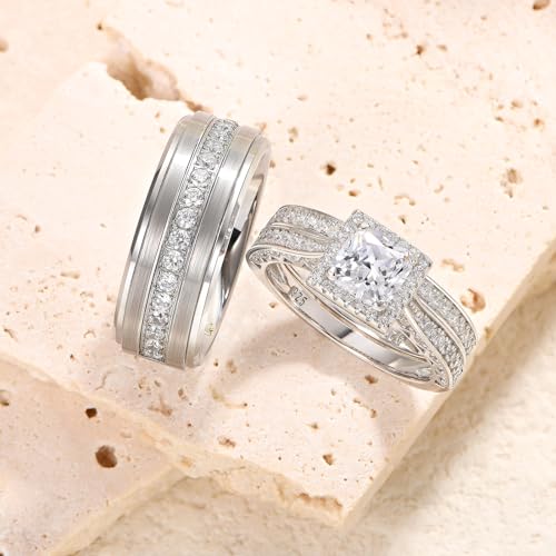 Newshe Jewellery Wedding Ring Sets for Him and Her Women Mens Silver Band Promise Rings Couples 5A Cubic Zirconia Size 5-132