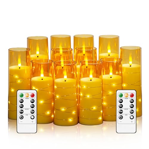 Sasigeiaa Flameless Candles with Embedded Star String - Battery Operated LED Candles with Remote 12 Gold Flickering Candles for Christmas Weddings Home Decor & Party (D 2.3H 5 6 7)