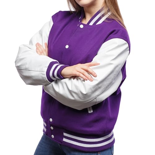 Image of Varsity Base Letterman Jacket (Purple Wool, White Leather, Small)