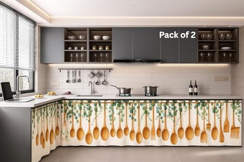 Image of Premium Printed Kitchen Sink Curtain with Rod Pocket | Under Sink Storage Cover | Washable Dustproof Cabinet Curtain for Kitchen Counter, Wash Basin (CHAMCHI, Pack of 2)