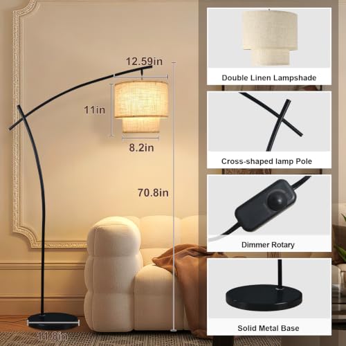 Image of Lightdot Arc Floor Lamp Modern Dimmable Standing Lamp for Living Room,Black | 70in 3000K Arched Floor Lamp with Rotary Dimmer, Double Fabric Lampshade, Marble Base for Home Lighting(T45 Bulb Included)