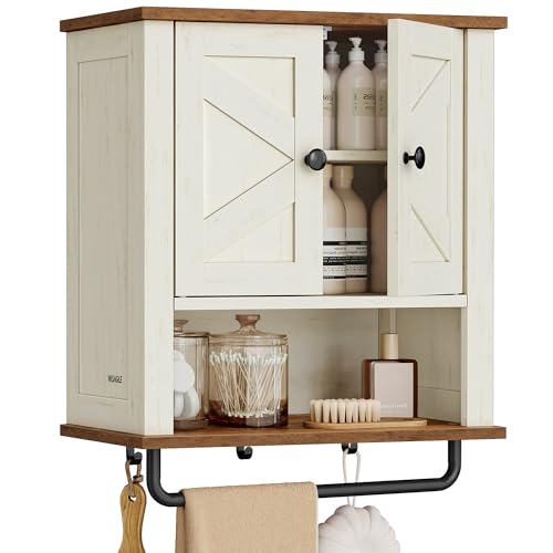 VASAGLE LIRY Collection - Bathroom Wall Cabinet, Farmhouse Wall-Mounted Medicine Storage Cabinet with 2 Barn Doors, Adjustable Shelf, Towel Bar, 7.9 x 18.1 x 24 Inches, Rustic White UBBK132W01S