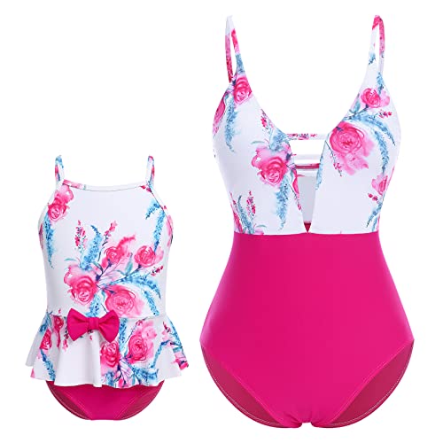 Mommy and Me Swimsuits Family Matching Swimwear Women Girls Long Sleeve UV Sun Protection Rash Guard Shirts Monokinis Halter Striped Print One Piece Swimsuit Bathing Suits Hot Pink Floral XL