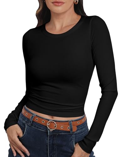 Roselux Womens Long Sleeve Stretch Crewneck Ribbed Knit Fitted Crop Top Casual Basic Shirts