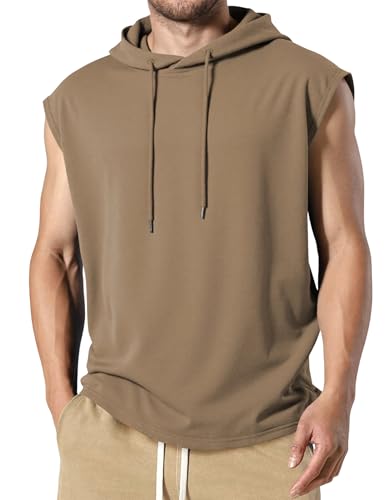 JMIERR Men's Sleeveless Drawstring Hooded Tank Tops T-Shirt - Casual Fashion Slim Fit Cotton Hoodies Tee Shirt for Gym Workout Daily Wear, S, Khaki