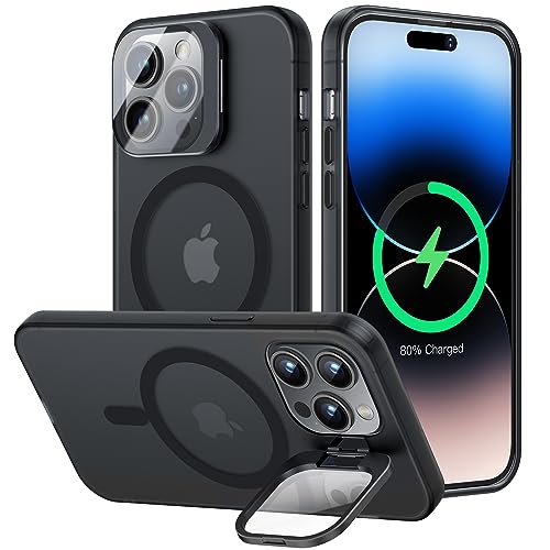 OLHAOMAO Compatible avec MagSafe Coque pour iPhone 14 Pro Max Magnétique[Support de Caméra en Métal Invisible][Protection Camera 9H Intégré], Antichoc Etui Translucide Mat Arrière Case Noir