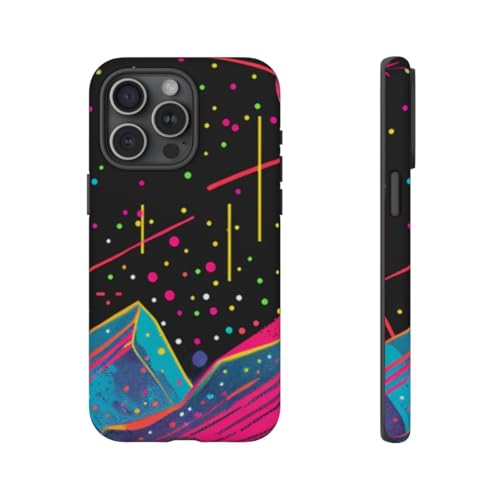 Coque iPhone 15 Pro Max noir mat paysage cosmique néon