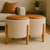 Kit 2 Puff Banquetas Redondo Banco Pufe Assento Macio em Courino Tecido Boucle Decorativo para Sala Escritório Apartamento Soft Lux com Pés em Madeira (Areia/Caramelo)