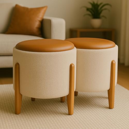 Melhor Puff/Puffes Gigantes: Os Top 10 Melhores em 2025 8 Kit 2 Puff Banquetas Redondo Banco Pufe Assento Macio em Courino Tecido Boucle Decorativo para Sala Escritório Apartamento Soft Lux com Pés em Madeira (Areia/Caramelo)