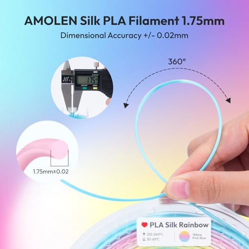 Image of AMOLEN Silk Rainbow PLA Filament 1.75mm, Shiny Multicolor Gradient Color Change, 4-Pack 800g (4x200g) Assorted Colors, Dimensional Accuracy ±0.02mm, NO-Tangle & Low Warping, Fits Most FDM 3D Printers