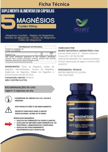 5 Magnesios (Quelato, Malato, Taurato, Citrato e Óxido) 60 Capsulas - 2 Unidades - Muwiz