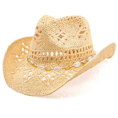 WQWOVRVO Cowboy Hat Straw Cowgirl Hat with Shapeable Wide Brim for Women and Men (Yellow and Shell)