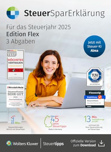 SteuerSparErklärung Flex 2026 I Steuererklärung für das Steuerjahr 2025 I Abgabe ohne ELSTER-Zertif möglich I Inkl. 3 Abgaben & Nachkauf möglich. | Für Windows & Mac I Aktivierungscode per Email