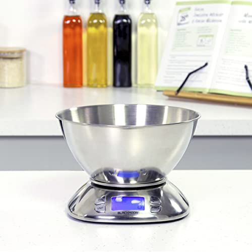 Blackmoor Digitale Küchenwaage mit Schüssel zum Kochen und Backen, LCD-Display, 5 kg Kapazität, mehrere Gewichtsoptionen und Tara-Funktion, 2 Farben (Edelstahl) Cover