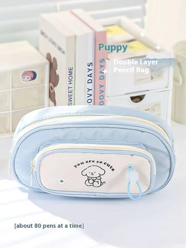 Image of Canvas School Bag Pencil Case, 3 Layer 6 Compartment Large Capacity, Aesthetic Pencil Pouch for Stationary, Cute Stationery for Kids, Pencil Case for Girls & Boys (Milk Apricot)