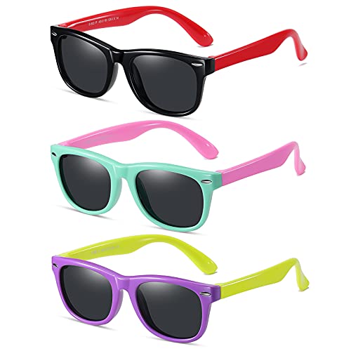DYLB Kids Polarized Sunglasses for girls boys 3 Pack, Flexible TPEE Rubber Frame for Children Age 3-8. (Black Red+ Green Pink+Purple Yellow)
