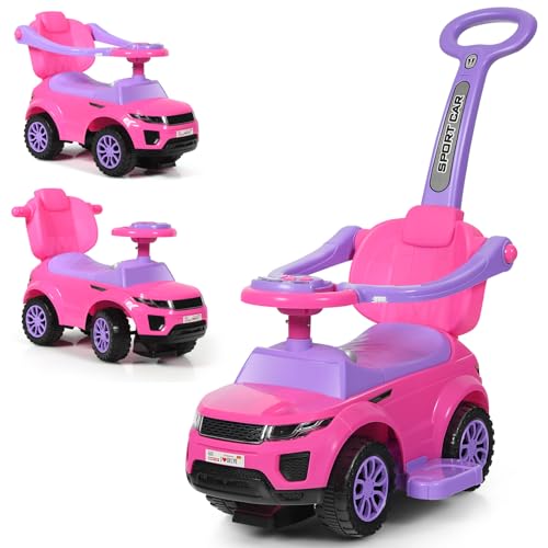 DREAMADE 3-in-1 Kinderfahrzeug, Rutschauto mit Sicherheitsbügel, abnehmbarem Schiebestange, Lichter, Musik & Hupe, 89 x 43 x 84cm Rutscherfahrzeug für Kinder ab 18 Monate (Rosa)