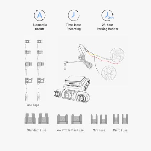 PRUVEEO Smart Acc Hardwire Kit for Dash Cam, Enables Parking Mode Monitor, Converts 12V-30V to 5V/3A, Low Voltage Protection, LED Indicator, Applicable to D90-4CH…