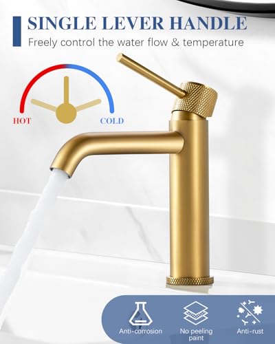 Wasserhahn Bad Waschtischarmatur Gold, Armatur Badezimmer mit Auslauf Höhe 105 mm, Einhebelarmatur Golden, Bad Mischbatterie Edelstahl