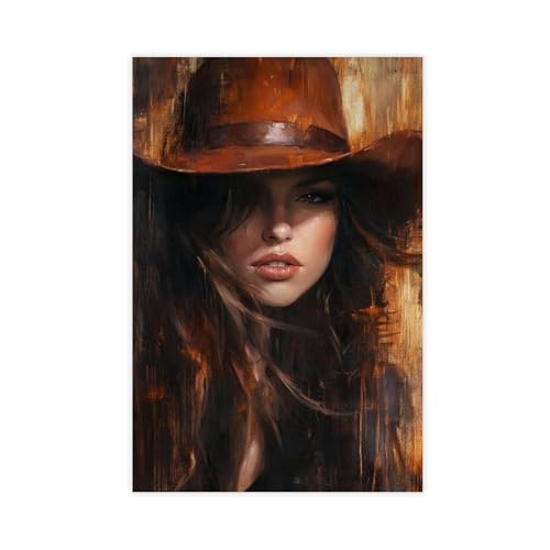 Impression sur toile cowgirl chapeau marron - Décoration murale chambre et salon