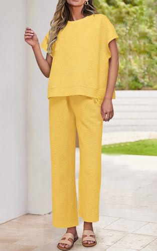 Image of PRETTYGARDEN 2 Piece Outfits For Women Casual Tracksuit Short Sleeve Tops And Wide Leg Long Pants Matching Lounge Sets