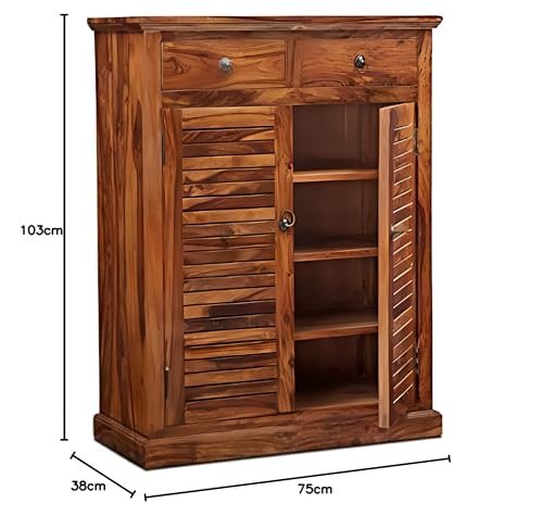 Image of Solid Sheesham Wood Multipurpose Shoe Rack | Cabinet for Living Room | Bedroom | Hall | Entryway | Home Furniture (Teak Finish)