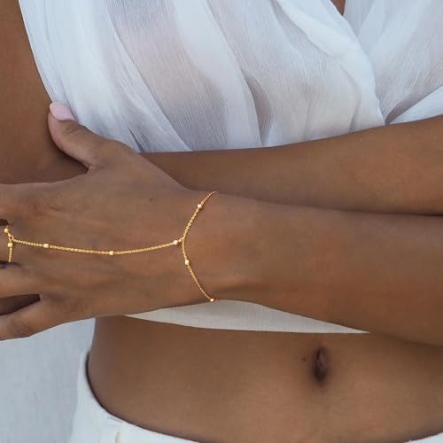 Image of Moodear Gold Bracelets for Women Non Tarnish - Dainty Bead Hand Chain Ring Link Bracelet for Women Trendy Jewelry Gift