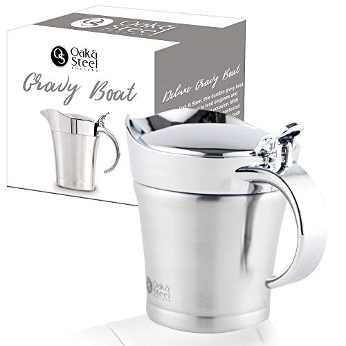 Oak and Steel Premium roestvrijstalen saucier, 480 ml capaciteit, dubbel geïsoleerd, elegante zilveren thermosaucier, perfect voor diners, feestjes, ideaal kerstcadeau.