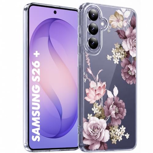 Image of Elzzi Clear Transparent Flower Cover for Samsung S26 Plus 5g Case Shockproof Floral Design Camera Protection Shockproof PC+TPU Transparent Flower Cover for Girls & Women (Purple)