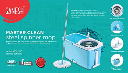 Ganesh Master Steel Quick Spin Mop, Rectangular Plastic Bucket Floor Cleaning Mop with Bucket, Easy in-Built Wheels & Big Bucket, Pocha for Floor Cleaning, Mopping Set (Blue) (Image - 7)
