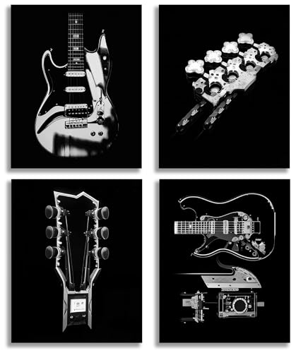 TOCDGOO Vintage Guitar Wall Art - Black and White Canvas Prints - Music Living Room Wall Decor, Retro Style - Music Gift Idea for Home or Office - Set of 4 (8x10 inches Unframed), Black/white
