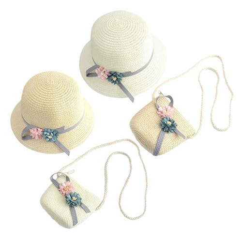 CALLARON 2 Juegos De Sombreros Plegables De ala Ancha para Niñas Sombreros De Sol con Flores Sombreros De Cubo con ala Ancha para Pequeños Gorra De Playa Bolso De Tela para
