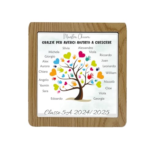 6 Sottopentola in legno naturale con mattonella 15 x 15 cm in ceramica regalo alle maestre albero della vita con nomi dei bambini personalizzabile idea regalo fine anno scolastico