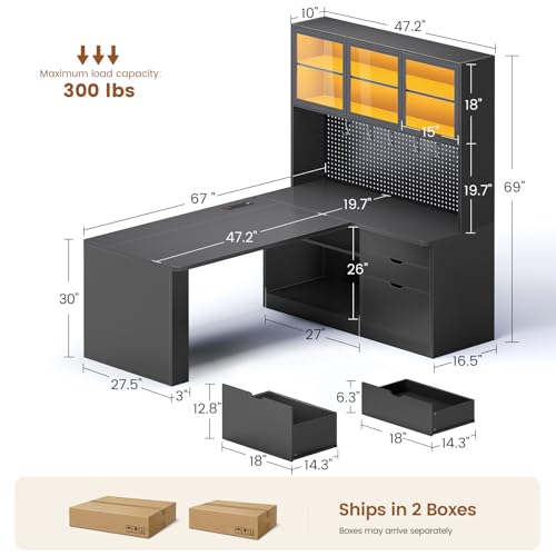 Image of SEDETA L Shaped Corner Gaming Desk with 3 Wood Drawer and Large Bookshelf