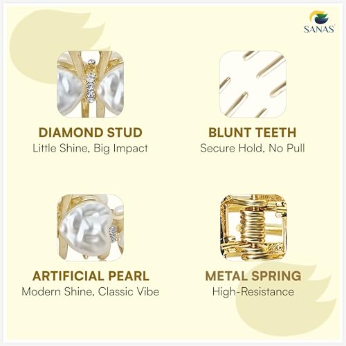 Image of Sanas Hair Clips For Women Stylish (1Pcs) Hair Accessories For Women Wedding Korean Inspired Design Hair Clips For Girls Kids Fancy Premium Gold Finish Cute Gifts For Girls Korean (1Pcs) (Golden-White)