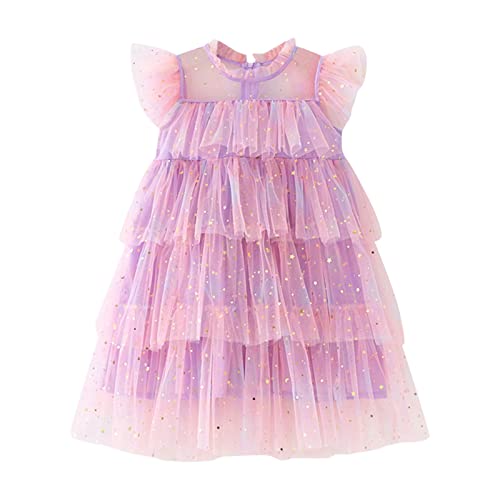 Little Girls Tulle Dress Toddler Ruffle Sleeve Layered Tutu Dresses Kids Star Sequin Summer Party Birthday Wedding Cake Dress