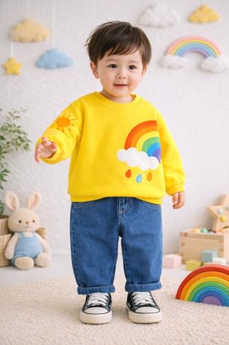 Image of Googo Gaaga Printed Sweat Shirt with Denim Pant for Boys - Cotton Clothing Set for Baby Boy | Soft Fabric Full Sleeves Sweat Shirt | Regular Fit Kids Outfit | Rainbow (18-24M)