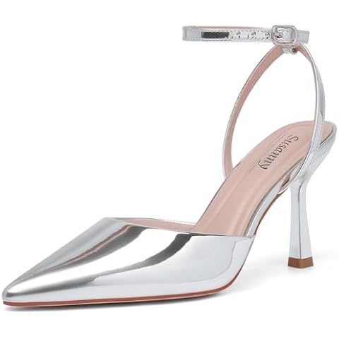 Susanny Silver Heels for Women Stiletto Closed Pointed Toe Backless Dress Shoes High Heels Sexy Kitten Pumps Wedding Guest Party Dance Prom Club Ankle Strappy Dressy Comfort Shoes 10 Cover