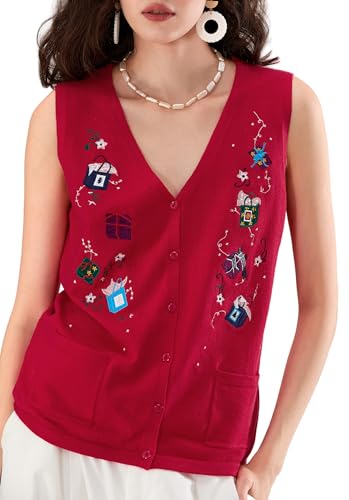 Image of KMBANGI Women Christmas Button Sweater Vest Embroidery Sleeveless Cardigan