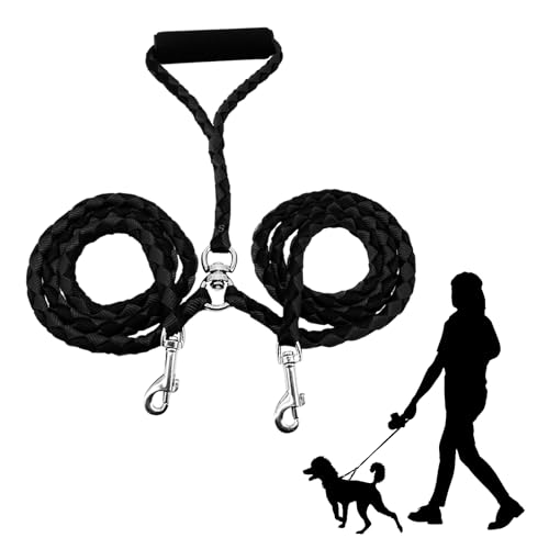 Tibapla Doppelleine für 2 Hunde, Verhedderungsfreie Hundeleine Verstärkung Doppelleine Hundeleine, mit Gepolsterten Griffen für Hunde Klein Mittlere und Große Lauftraining, 10mm*140cm (Black)