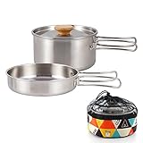 WOOLUCK Camping Topf, Edelstahl Camping Kochtopf mit Deckel und faltbarem Griff, Camping Kochgeschirr Set mit Pfanne, für Camping Wandern Angeln Picknick