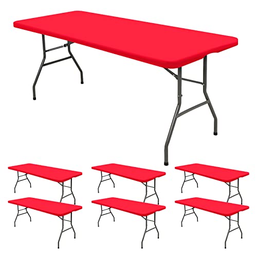 6 Pack Stretch Fabric Table Top Cap Cover, Fits 6' Tables, Spandex Table Covers Washable Elastic Universal Rectangle Tablecloth Protector For Indoor Outdoor Party Picnic Wedding, Red, 30" W X 72" L #TOP28