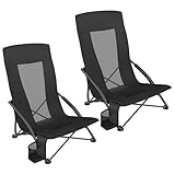 SONGMICS Set of 2 Portable Beach Chairs for Adults, Max. Load 330 lb Each, High Backrest, Cup Holder, Lightweight, Heavy-Duty, Black UGCB067B01V1